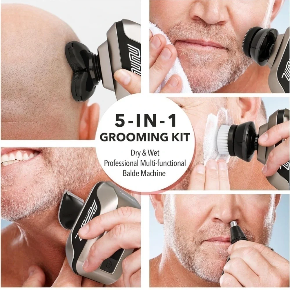 Brand New 5-in-1 Electric Wet/Dry Bald Head Shaver for Men Cordless Palm Sized